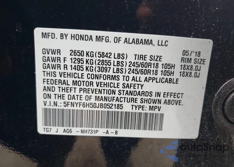 2018 Honda Pilot Ex-L из США, поврежденный, VIN 5FNYF6H50JB052185